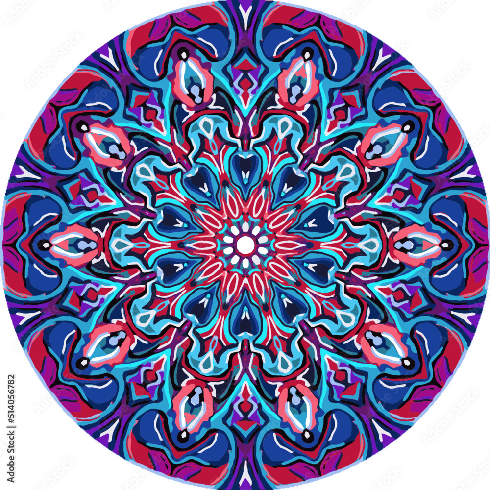 Detailed round mandala transparent background, Vector, blue red purple