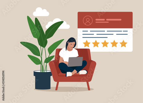 Consumer review for comment and rate a service or goods.  Smiling businesswoman sitting with laptop reading testimonials or leaving comment. Customer feedback and rating 5 stars.