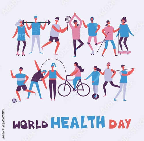 Vector illustration in flat design of group people doing different kinds of sport. World health day.