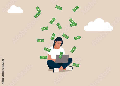 Businesswoman sitting on with laptop, falling money banknotes income. Money or financial mindset, get rich or ambition to growth revenue, success investment and savings or attitude to grow business. 