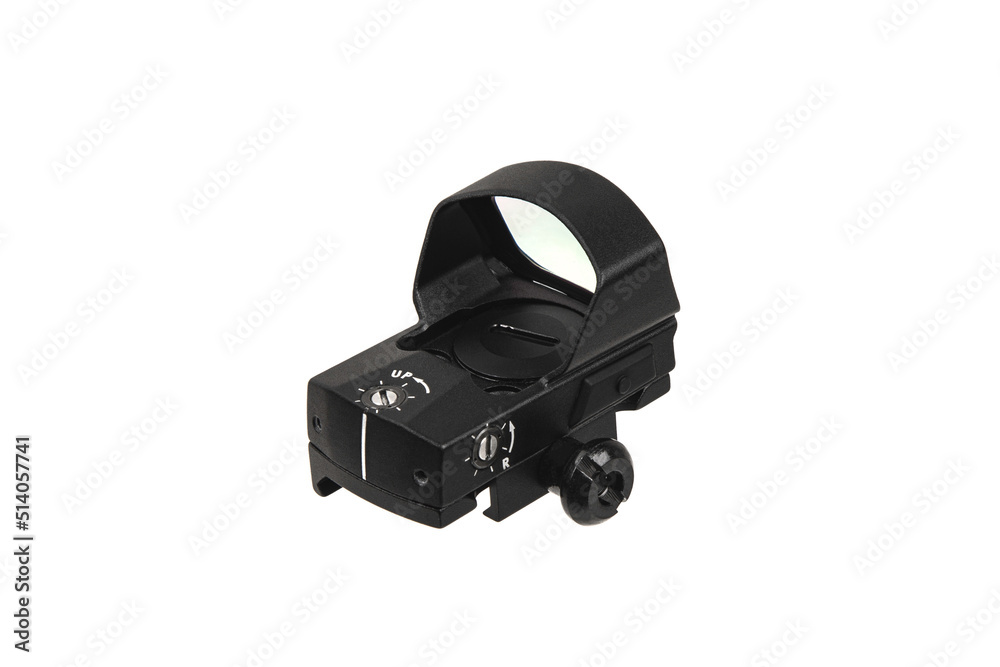 Modern optical collimator sight. Aiming device for shooting at short distances. Isolate on a white back. Modern optical collimator sight. Aiming device for shooting at short distances. Isolate on a white back.
