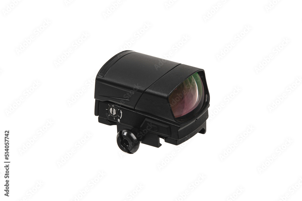 Modern optical collimator sight. Aiming device for shooting at short distances. Isolate on a white back. Modern optical collimator sight. Aiming device for shooting at short distances. Isolate on a white back.
