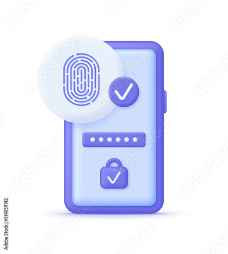3D Electronic fingerprint on mobile phone screen. Finger Authentication, Fingerprint screening security system, fraud detection. Cell phone password access id verification. Touch id finger print.