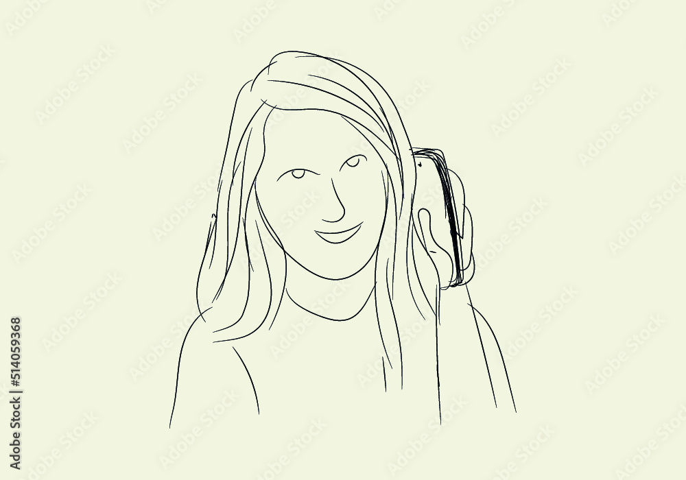 Drawing of girl using mobile phone or smartphone Drawing of girl using mobile phone or smartphone