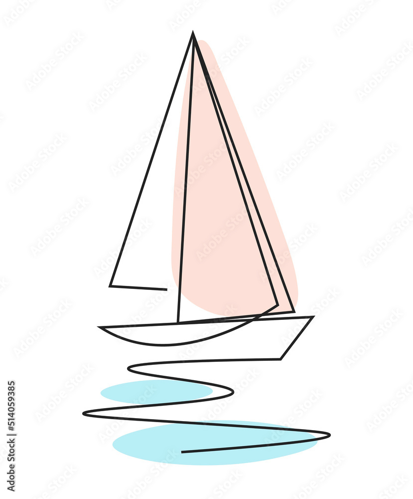 Drawing with single line with addition color. Sailboat floating on water.  Yacht continuous line art. Outline drawing of sail boat in one line.  Minimalistic abstract illustration with single line. Stock Vector |