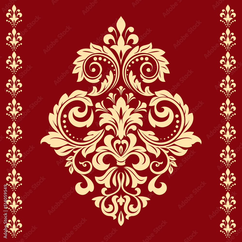Damask graphic ornament. Floral design element. Gold and red vector pattern Damask graphic ornament. Floral design element. Gold and red vector pattern