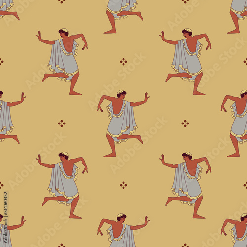 Seamless ethnic pattern with dancing Etruscan youths.  On yellow gold background.