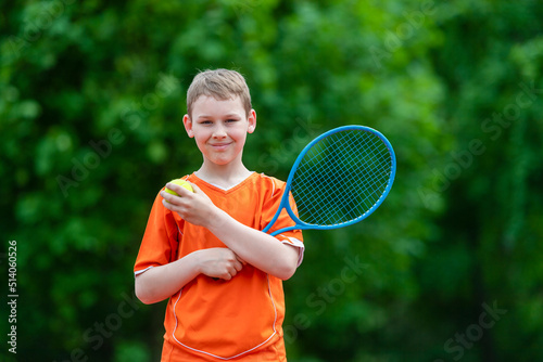 Child with tennis racket on tennis court. Training for young kid, healthy children. Horizontal sport theme poster, greeting cards, headers, website and app © Augustas Cetkauskas