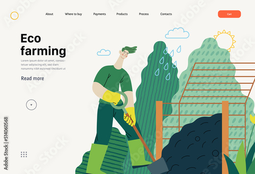 Ecology - Composting, eco farming -Modern flat vector concept illustration of ecology, organic farming metaphor. A man wearing rubber boots, digging composter Creative landing web page template