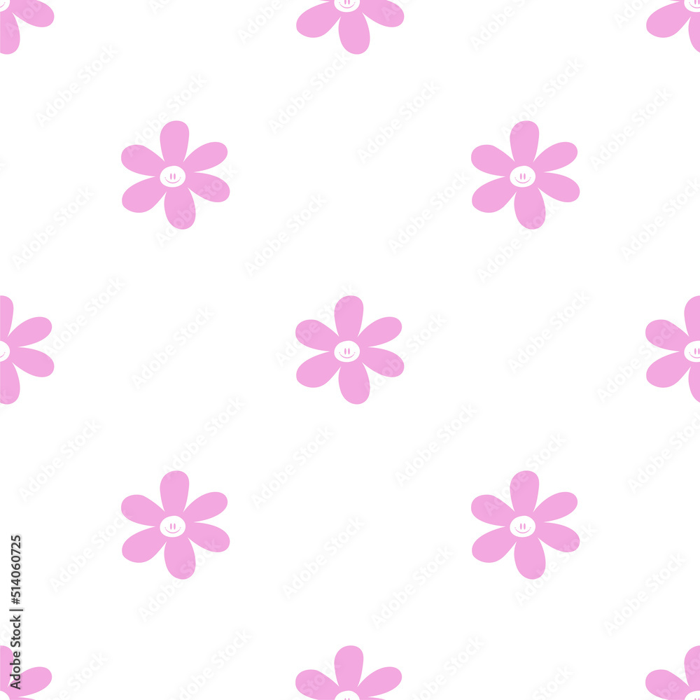 Pink smiley daisy pattern. Vector seamless pattern.