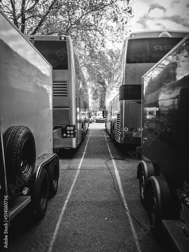 Tour Bus and Trailers Parked