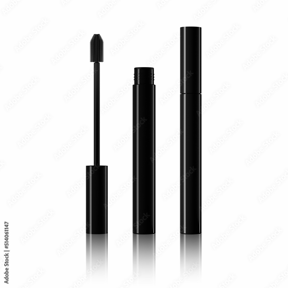 Obraz premium Mascara. Realistic mascara packaging. Black. Isolated on a white background. Close up. 3D render. Product presentation.