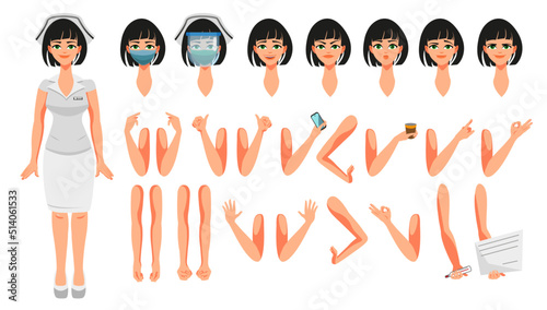 Nurse girl to create animation. A character with different emotions and hand movements. Various objects in hand