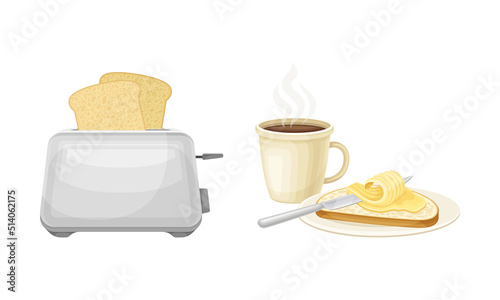 Toaster, Cup of Hot Steaming Coffee and Butter Spreading on Bread as Good Morning Symbol and Attribute Vector Set