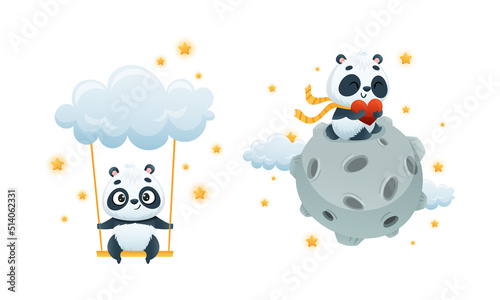 Cute Baby Panda Character Sitting on Moon with Heart and Swinging with Cloud Vector Set