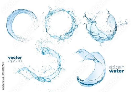 Round transparent water wave splash and swirls with drops, realistic vector. Water flow splatters of clean blue pure aqua with pour and splashing spill of fresh crystal drink droplets and bubbles