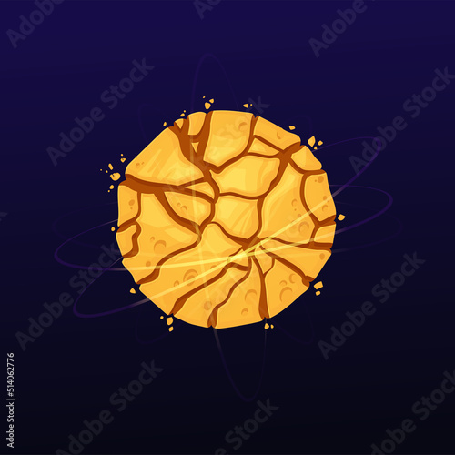 Cartoon cracked space planet, vector galaxy globe with broken yellow surface. Cosmic sphere in far universe, Ui game object, fantasy comet, meteor, isolated destroyed astronomy object with orbits