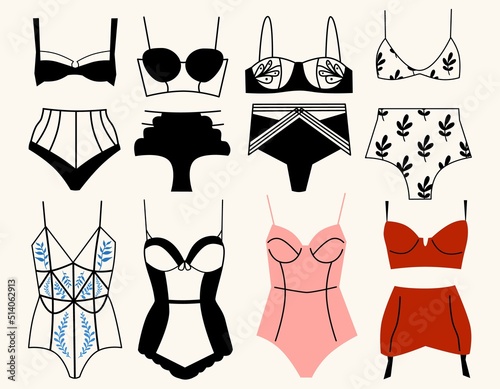 A large set of lingerie with lace and velvet. Fashionable handmade underwear.