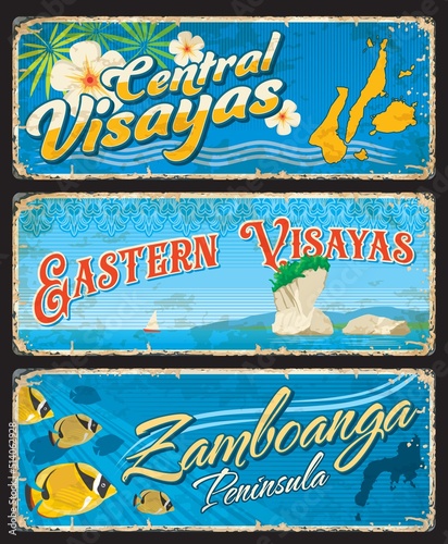 Central and Eastern Visayas and Zamboanga, provinces of Philippines, vector travel plates and stickers. Philippines regions and provinces welcome tin signs or tourism landmarks luggage tags photo