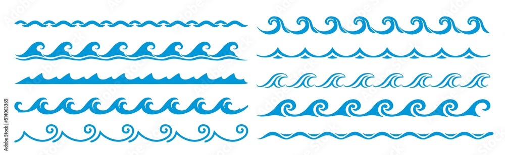 Sea and ocean surf wave lines, blue water borders and frame, vector pattern. Wave frame borders and wavy line separators with tide ripples, zigzag curves and curls, linear boarders and frames Sea and ocean surf wave lines, blue water borders and frame, vector pattern. Wave frame borders and wavy line separators with tide ripples, zigzag curves and curls, linear boarders and frames