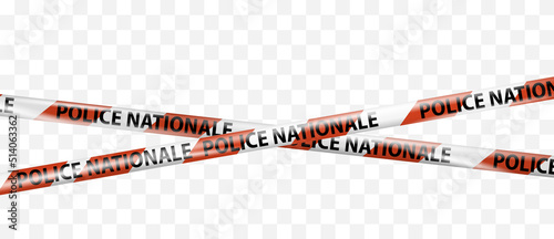 Realistic crossing caution tape police nationale of France. Warning signs for crime scene or construction area white and red. Do not cross ribbon. Danger tape. Ribbons for accident, under construction