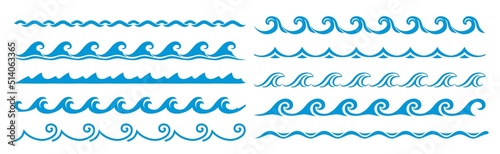 Sea and ocean surf wave lines, blue water borders and frame, vector pattern. Wave frame borders and wavy line separators with tide ripples, zigzag curves and curls, linear boarders and frames