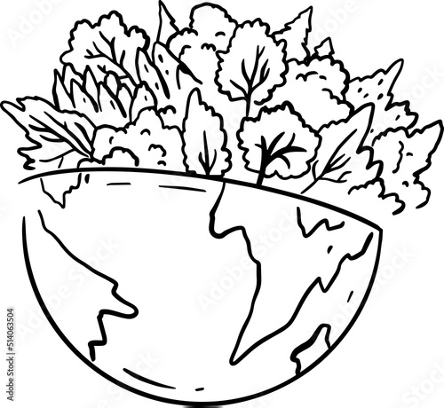 Earth, trees, hand draw line vector illustration