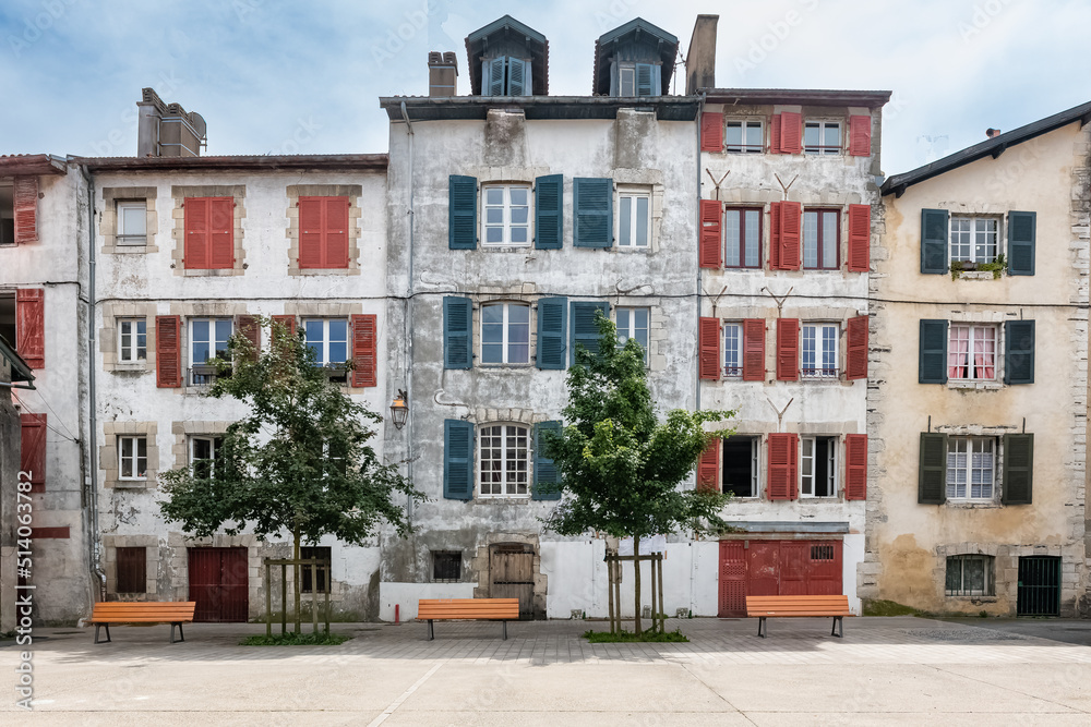 Bayonne in the pays Basque, typical facades with colorful shutters in the historic center
