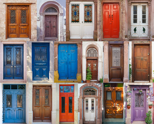 Collage of wooden, colourful and ancollection of Cunda Island, Ayvalik, Balikesir, Turkey.  photo