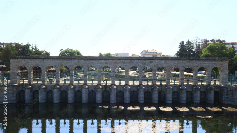 Taş Köprü, a historical bridge and old regulator dam over the city channel. A landscape of Beyşehir, Konya, in Turkey