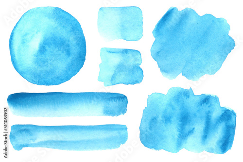 Set of blue watercolor hand painted isolated on white. Perfect for card, banner, template, decoration, print, cover, web, element design.
