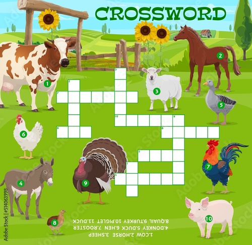 Farm animals and farm, crossword puzzle game grid, vector quiz worksheet. Guess word riddle game or crossword with farm cattle cow, horse and donkey, pig with sheep and quail or duck