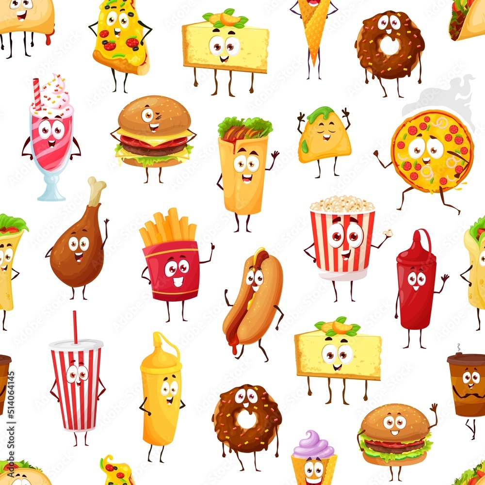 Cartoon takeaway fast food characters seamless pattern. Vector fast ...