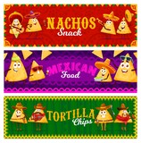Cartoon Mexican nachos chips characters and personages. Funny nachos and tortilla chips vector mexican food at fiesta party in sombrero with guitar and maracas or guacamole and cowboy guns