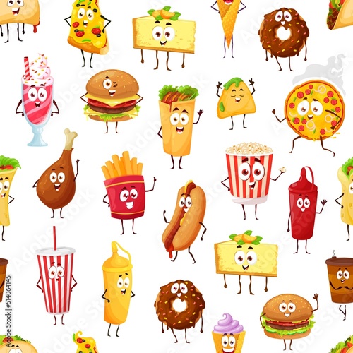Cartoon takeaway fast food characters seamless pattern. Vector fast food restaurant menu background with funny hamburger, pizza, hot dog and coffee, chicken leg, donut, soda, ice cream and popcorn