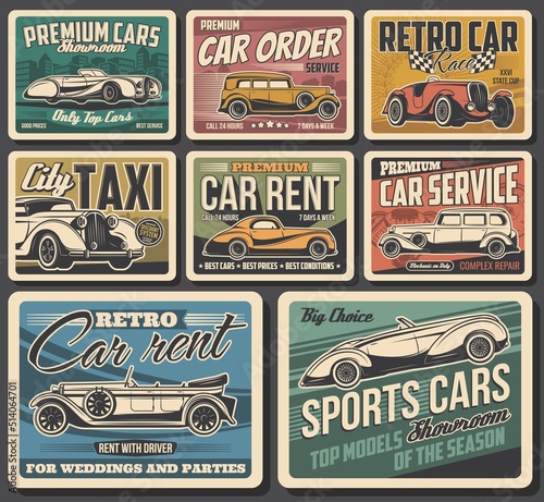 Vintage vehicle and cars retro posters vector set. Classic limousine and roadster, convertible coupe and sedan. Car rent, taxi and repair or restoration service, sport racing competition banners