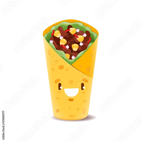 Cartoon burrito fast food character. Kawaii spring roll, shawarma or doner kebab funny personage. Vector Mexican tex mex snack filled with lettuce, beans, corn and vegetables with happy smiling face