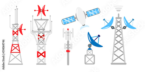 Set of multicolored satellite dishes in cartoon style. Vector illustration of old and new static communication receiver and space isolated on white background.