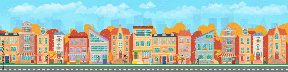 City street. Panoramic cityscape with bright houses, walking pedestrians, autumn trees. Shop and stores. Autumn city. Vector illustration in cartoon style.