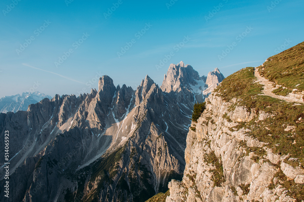 Amazing scenery in the early morning in the mountain range of the Dolomites with high Alpine peaks