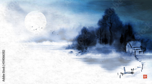 Landscape with blue misty riverside and fisherman on the wooden pierce. Traditional oriental ink painting sumi-e, u-sin, go-hua. Translation of hieroglyph - silence