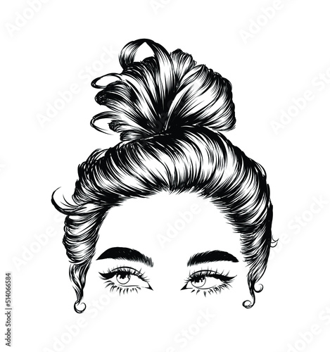 Messy hair bun hairstyle. Hand drawn illustration of summer hair 