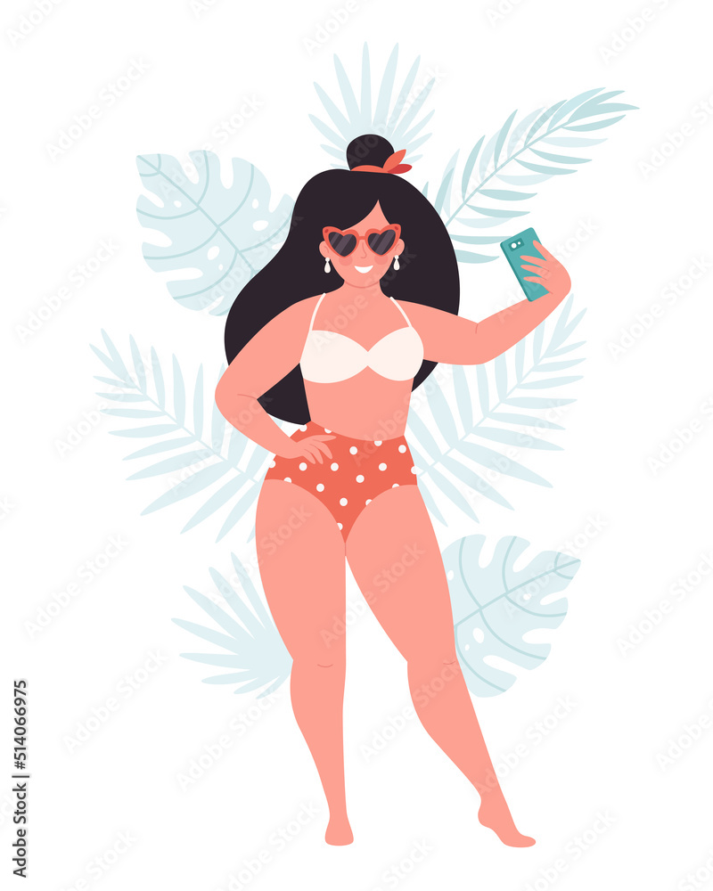 Woman in retro glasses and swimsuit making selfie or recording video on mobile phone. Hello summer, summer vacation, summer fun. Hand drawn vector illustration
