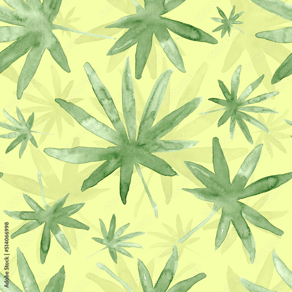 Palm leaves, tropical watercolor painting - seamless pattern on yellow background