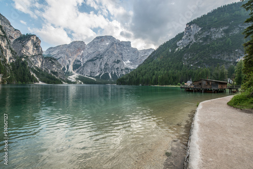 Lake Braies in the Italian Dolomites mountains photo