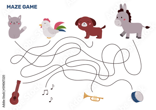 Maze game with cartoon characters from Bremen Town Musicians fairy tale. Help cat, rooster, dog and donkey find their musical instruments. Educational labyrinth. Kawaii vector illustration.