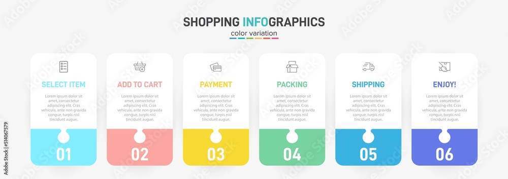 Concept of shopping process with 6 successive steps. Six colorful graphic elements. Timeline design for brochure, presentation, web site. Infographic design layout. Concept of shopping process with 6 successive steps. Six colorful graphic elements. Timeline design for brochure, presentation, web site. Infographic design layout.
