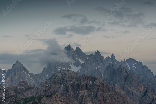 Mountain Panorama of the Dolomites as viewed from passo di Giau sunrise at the mountain pass.