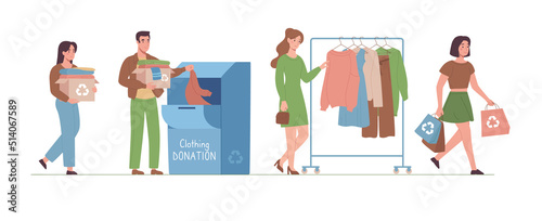 Textile recycling,eco concept. People recycle their used clothes to create eco-friendly fashion. Women and men donate clothing to charity. People put clothes in container, choose new ones. Vector flat