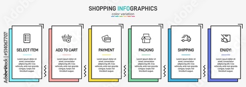 Concept of shopping process with 6 successive steps. Six colorful graphic elements. Timeline design for brochure, presentation, web site. Infographic design layout.